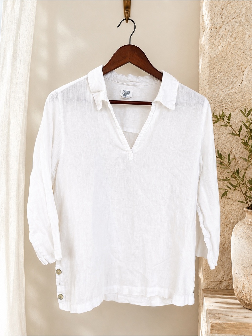 Sigrid Olsen 100% Linen White Tunic Top Medium Coastal Beach Resort Eurosummer